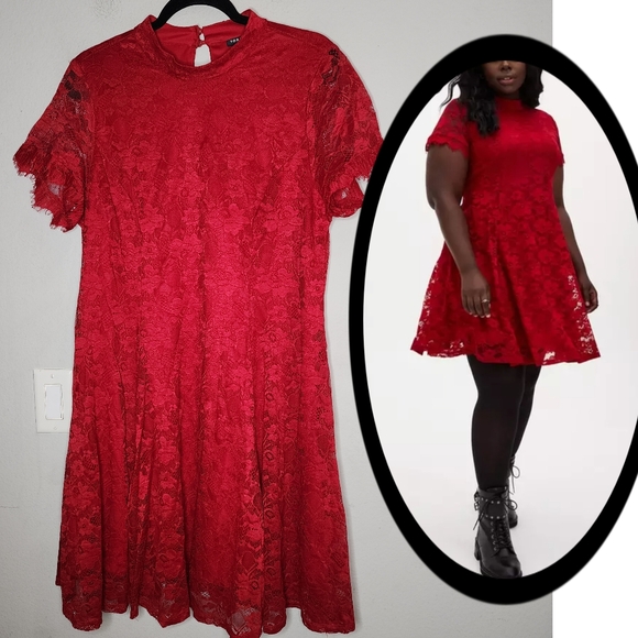 Torrid Mini Lace High Neck Red Skater Dress Size 1X Stretch Holiday Party Event - Picture 1 of 16